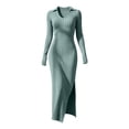 thumbnail image 7 of Tqcoqu Women's Solid Ribbed Knit Maxi Dresses,Lapel V Neck Long Sleeve Slim Fit Dress,Side Slit Business Elegant Maxi Dress,Blue Women's S-XXL, 7 of 7