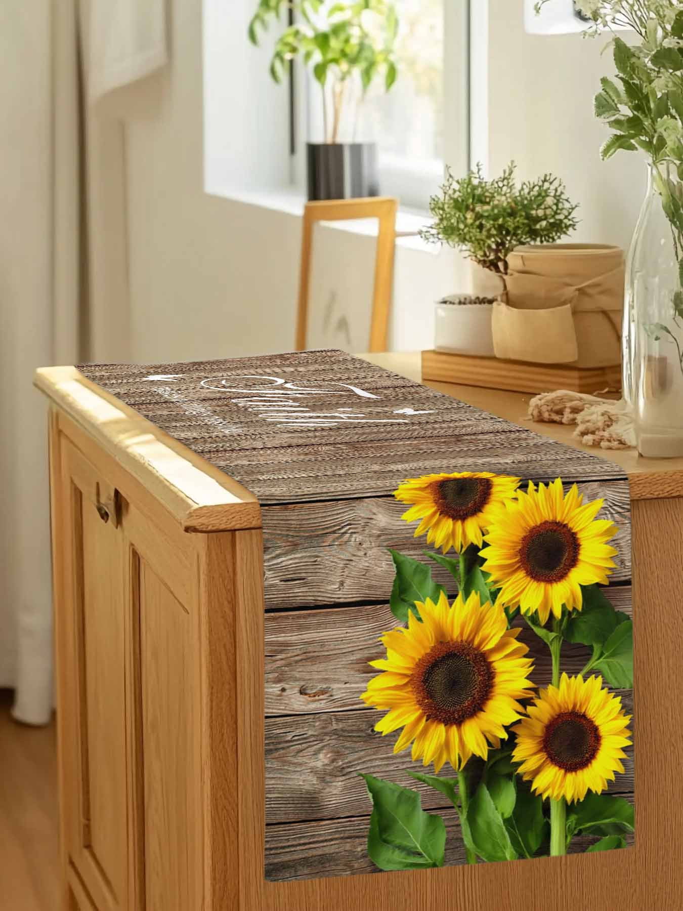 Farmhouse Sunflowers Leaves on Wood Plank Table Runner 90 Inches Long, Rural Floral Table Runners Tabletop Scarf Kitchen Dining Tables Decoration for Home Party Indoor Outdoor