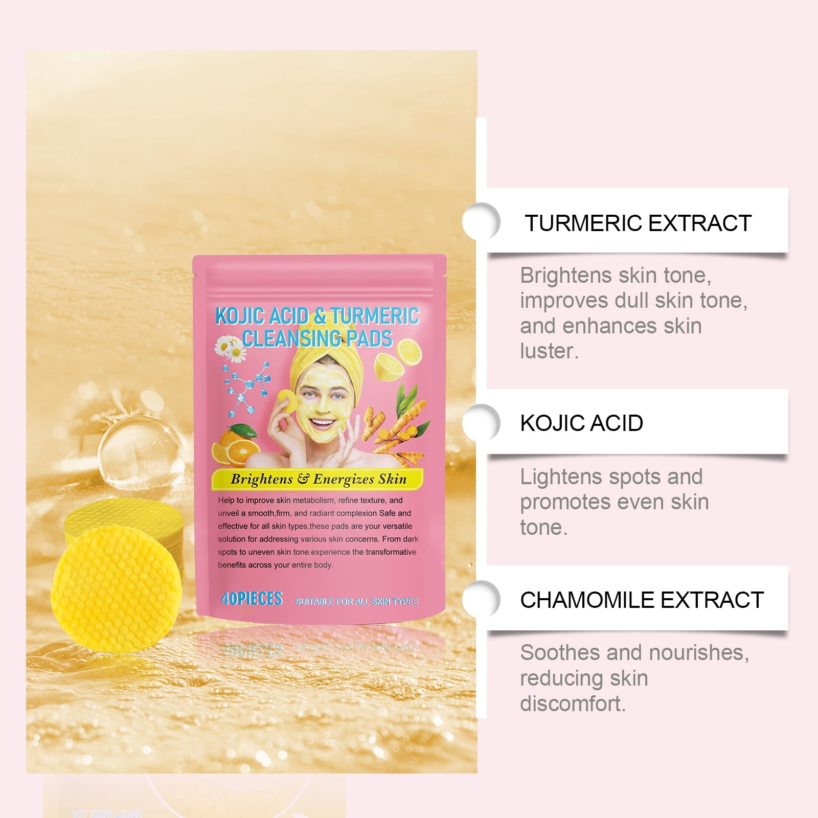 Alvantor Face Cleansing Pads with Kojic Acid and Turmeric, 40 Pads, Suitable for All Skin Types