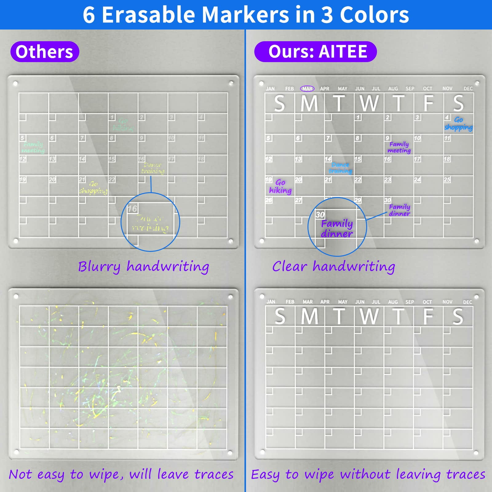 NIUBEE 2 Pack 16"X 12" Acrylic Magnetic Dry Erase Calendar Board for Fridge, Monthly Clear Calendar for Refrigerator, Acrylic WhiteBoard Memo Planning Board, Includes 6 Dry Erase Markers