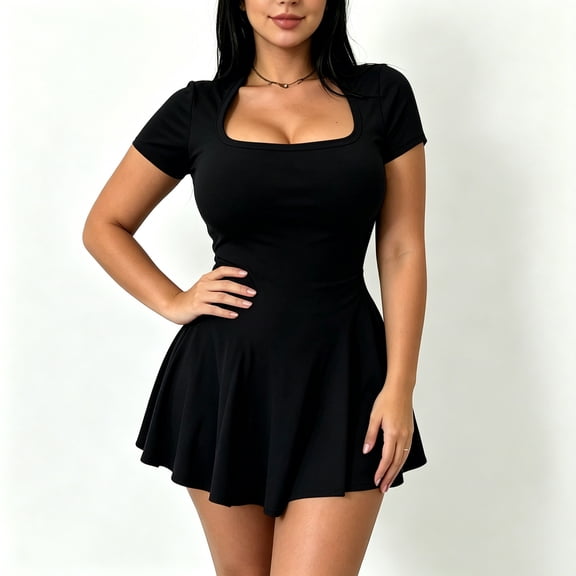 Blmnix Corset Woman Dress Sexy A Line Dresses Tent Under Dress Short Sleeve Mini Square Neckline Black Adjustable Waist Plus Size Summer Dresses XXL