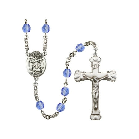 St Michael Rosary St. Michael the Archangel Silver-Plated Rosary 6mm September Blue Fire Polished Beads Crucifix Size 1 5/8 x 1 medal charm ()