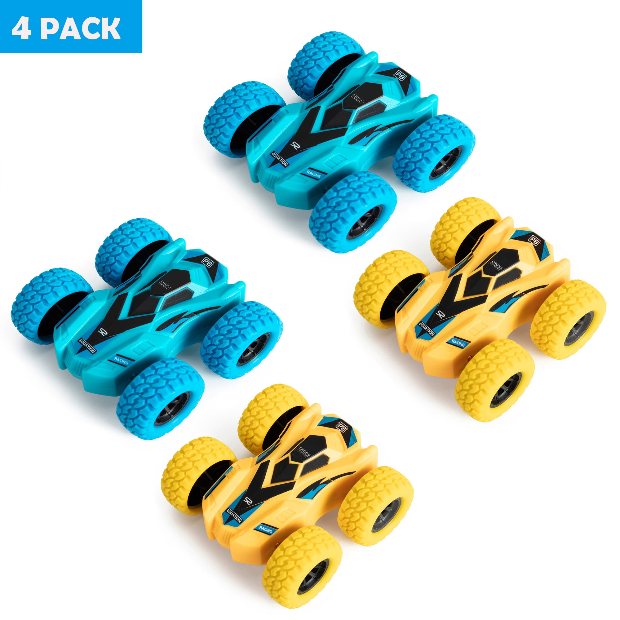 4 Set Push & Go Friction Powered Toy Cars Vehicles, Doublesided Stunt