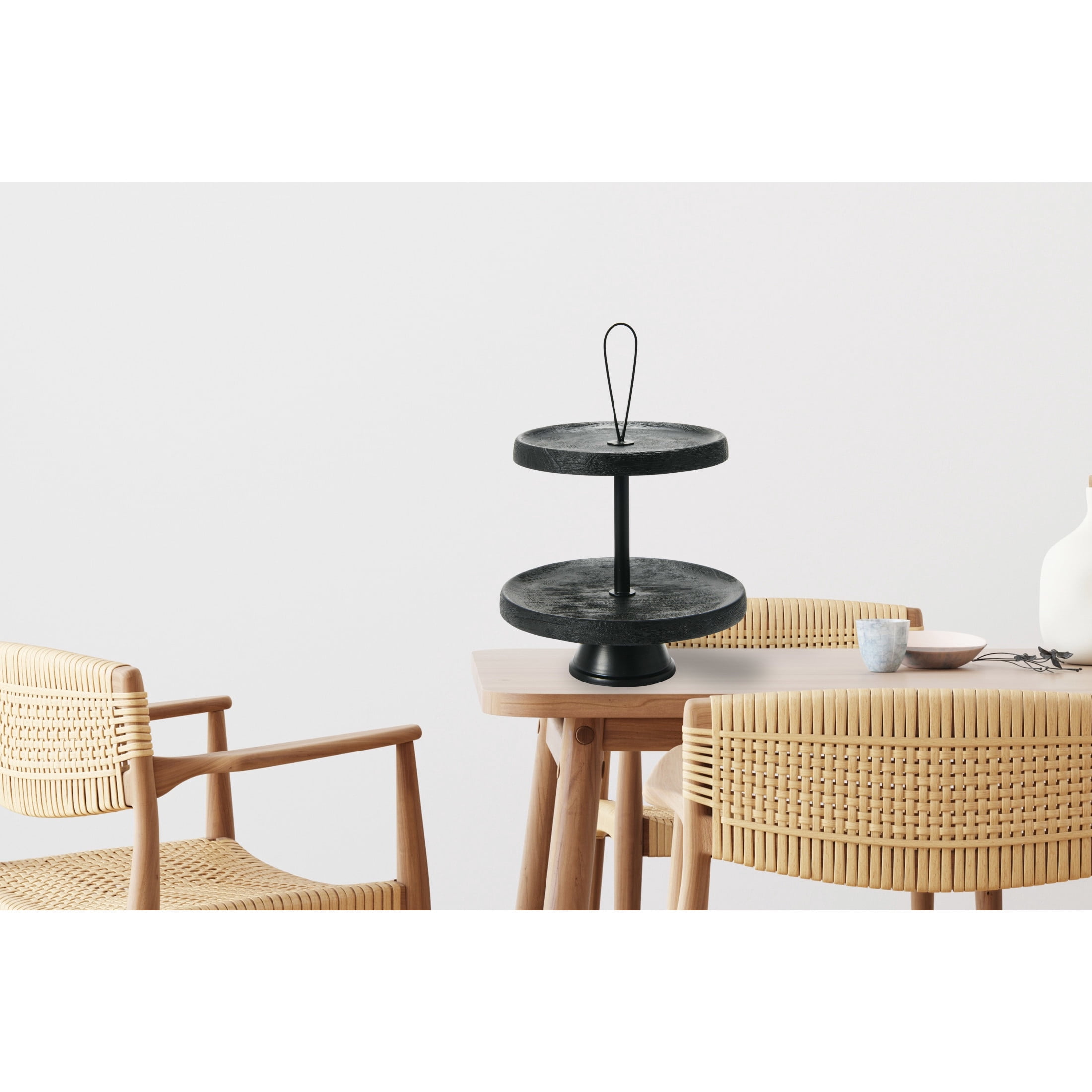 Creative Co-Op Elegant Modern 2-Tiered Tray Cake Stand or Desert Serve ware Tower, Black Mango Wood