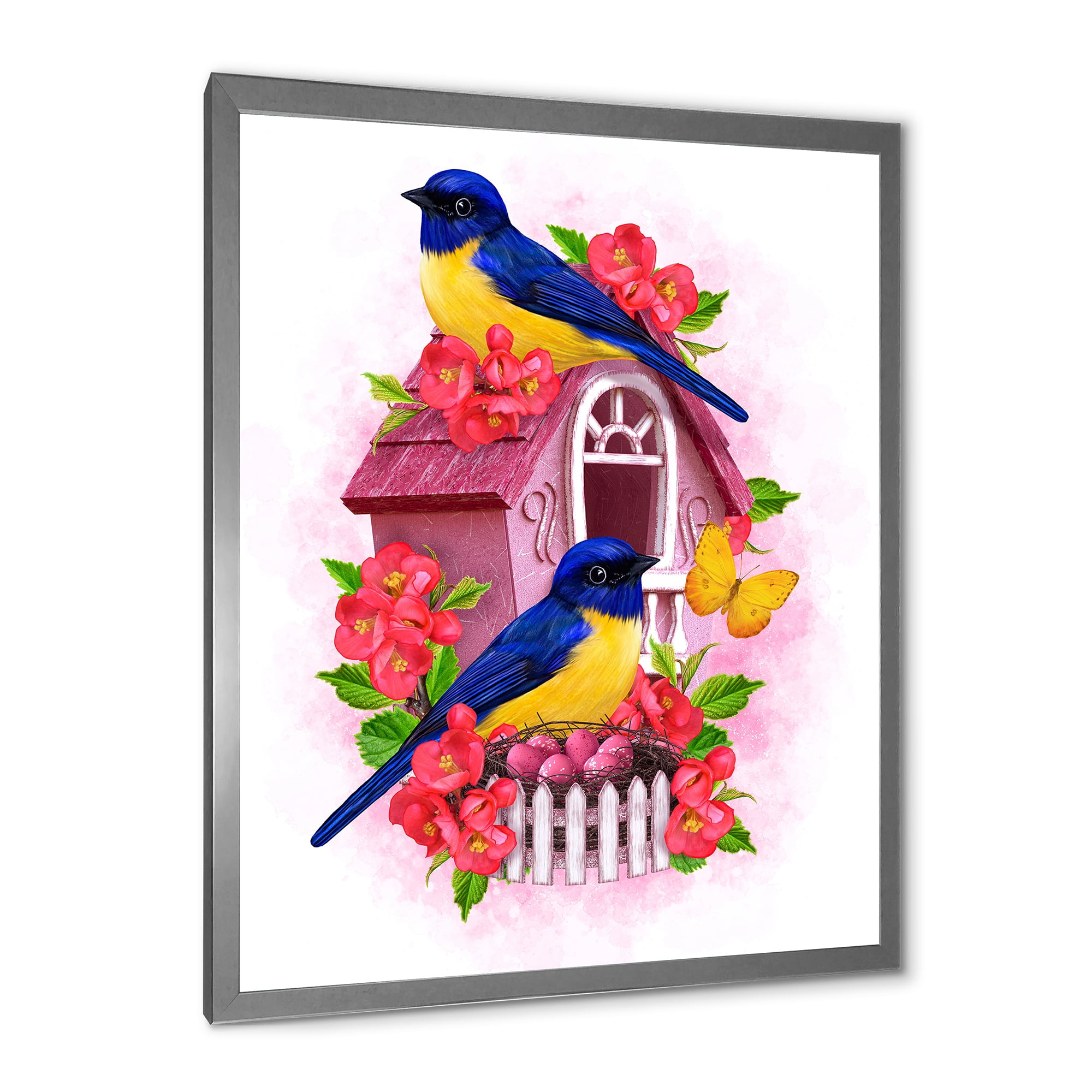 Designart 'Two Yellow and Blue Tit Birds Sitting Near The Nest' Traditional Framed Art Print