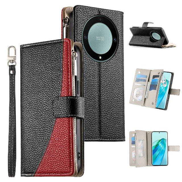Funda cartera GANGXUN para Honor X9A , cuero PU con tarjetero, cremallera, correa de mano, soporte y protección 1387°