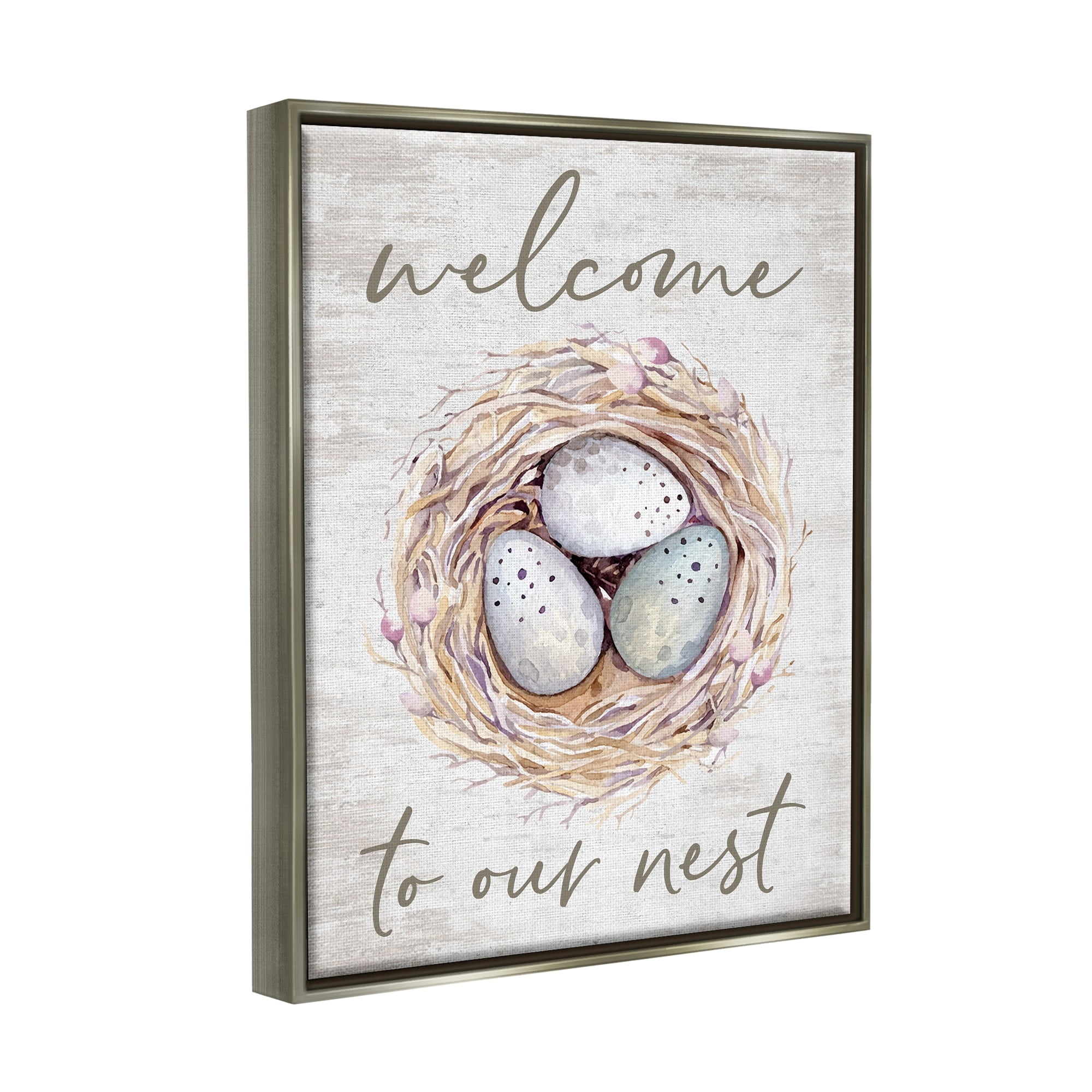 Stupell Industries Welcome To Our Nest Rustic Bird Egg Sign Graphic Art Luster Gray Floating Framed Canvas Print Wall Art, Design by Lettered and Lined