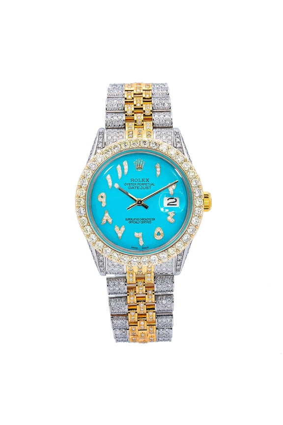 Pre-Owned Rolex Datejust 36MM 1601 Blue Eastern Arabic Diamond Dial Diamond Bezel Two Tone Yellow Gold Full Diamond Jubilee Bracelet 8.75ct