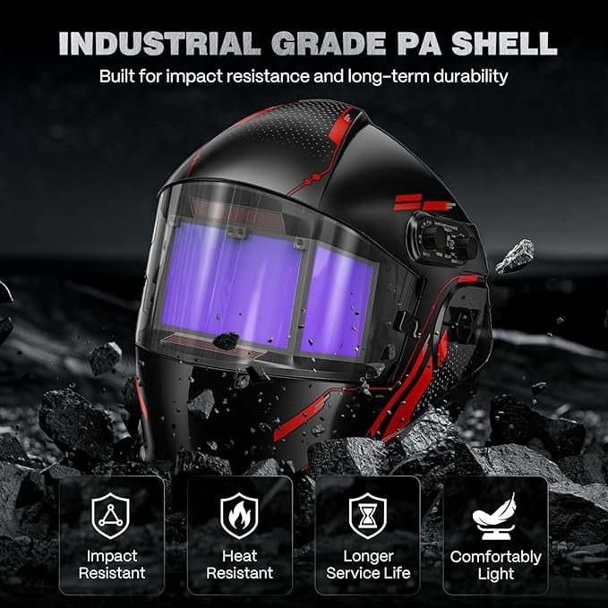 ARCCAPTAIN Auto Darkening Welding Helmet with Side Lenses, 180° Panoramic View, True Color 1/1/1/1, 4 Arc Sensors, Solar + Battery, Wide Shade 3/4-8/9-13, Red