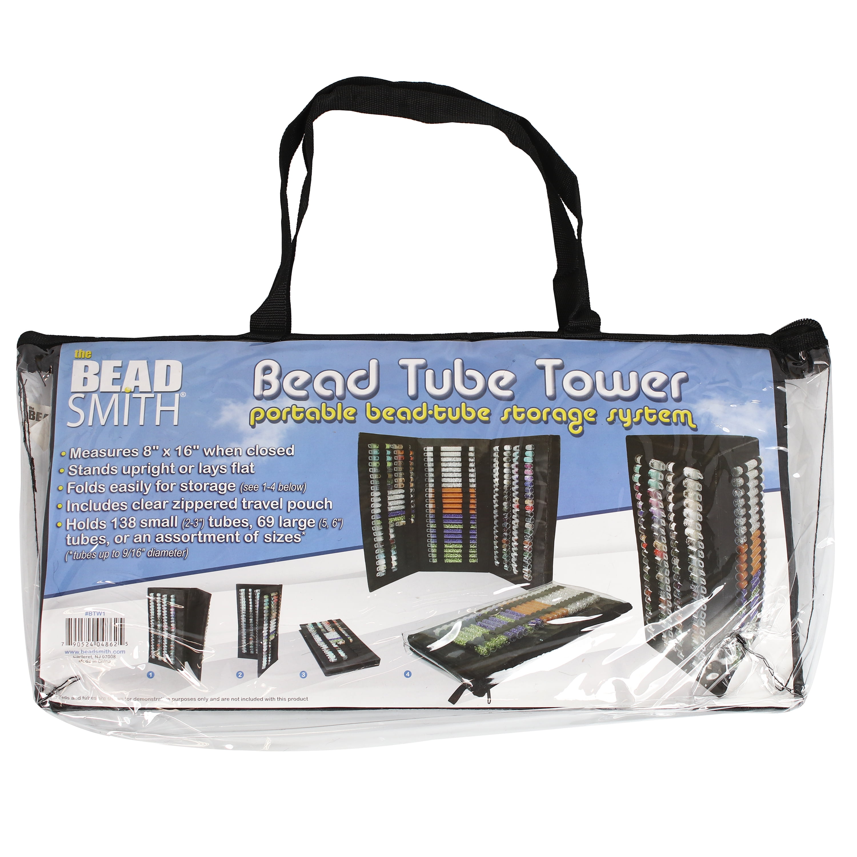 The Beadsmith Bead Tube Tower - Storage Unit for Large & Small Bead Tubes, 8 x 16 Inches, Folds Easily for Storage, Portable, Includes Clear Zippered Pouch w/ Handle