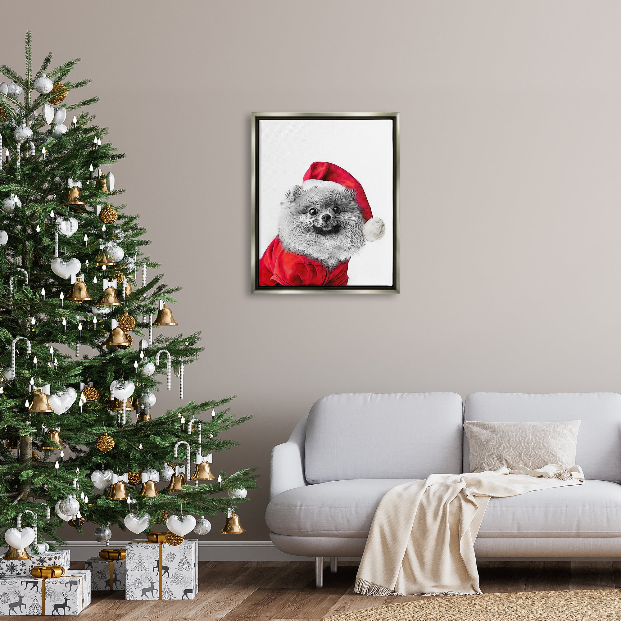 Stupell Industries Pomeranian in Santa Hat Holiday Painting Gray Floater Framed Canvas Art Print Wall Art, 25 x 31