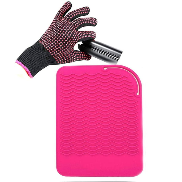 Guante resistente al calor con tapete resistente al calor para rizador, alisador de cabello, planchas, guante de silicona, tapete de silicona de grado alimenticio de 9" x 6,5", rosa