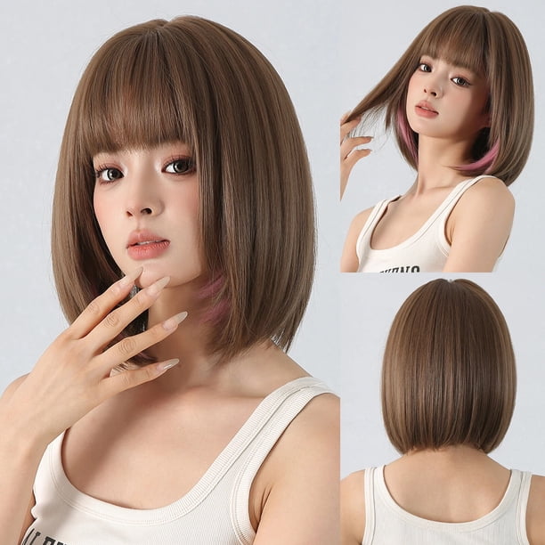 Peluca sintética marrón BoBo con flequillo para mujer, pelo corto recto Bob, Cosplay Natural, uso diario, resistente al calor