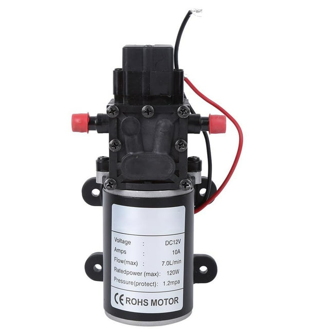 Bomba de diafragma inteligente de alta presión, 12 V CC, 120 W, 7 L/min, salida de agua derecha de 10 mm, motor de 12 V.