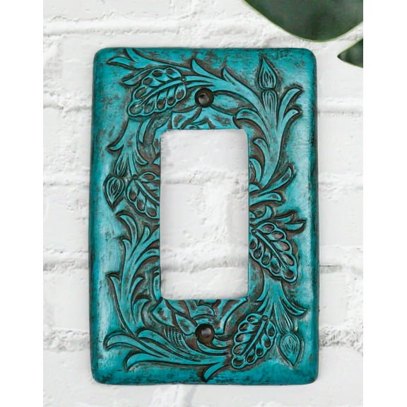 Set of 2 Western Tooled Floral Turquoise Wall Single Gang Rocker Switch Plates