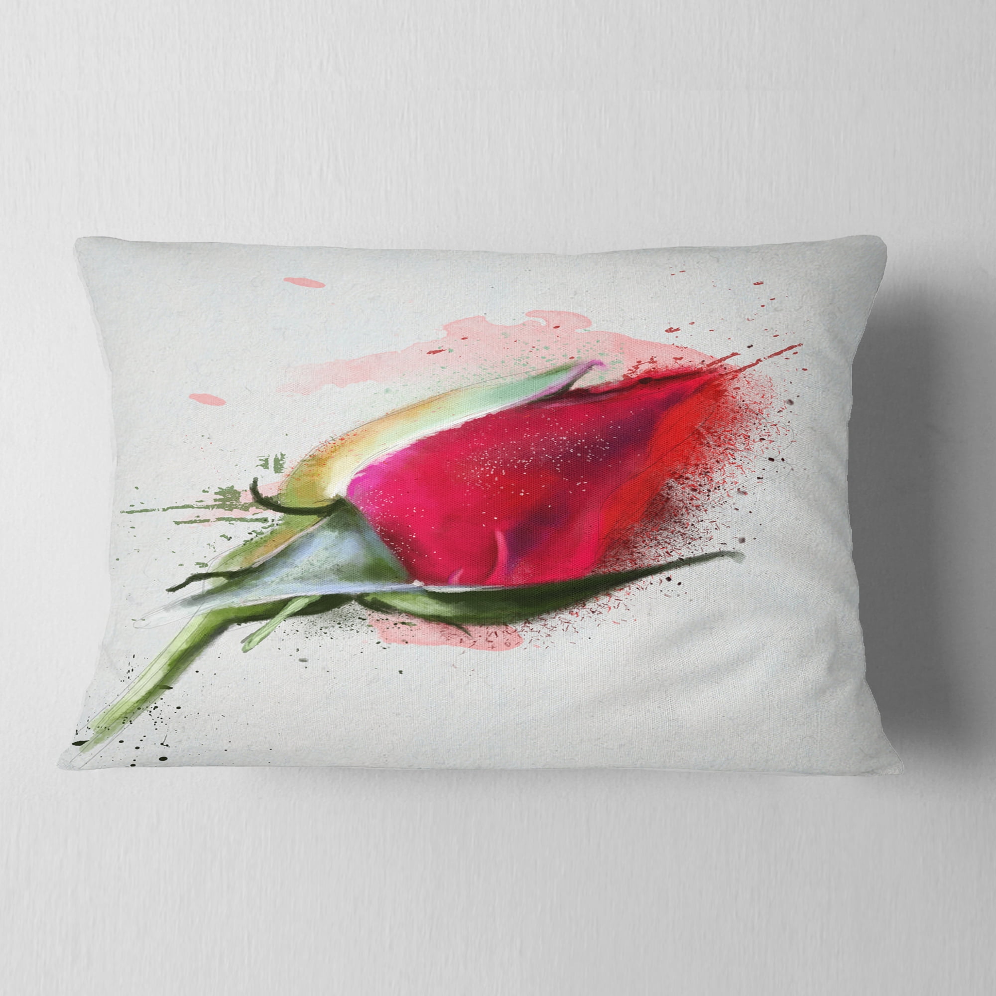 Designart Red Rose Bud Watercolor Sketch - Flowers Throw Pillowwork - 12x20