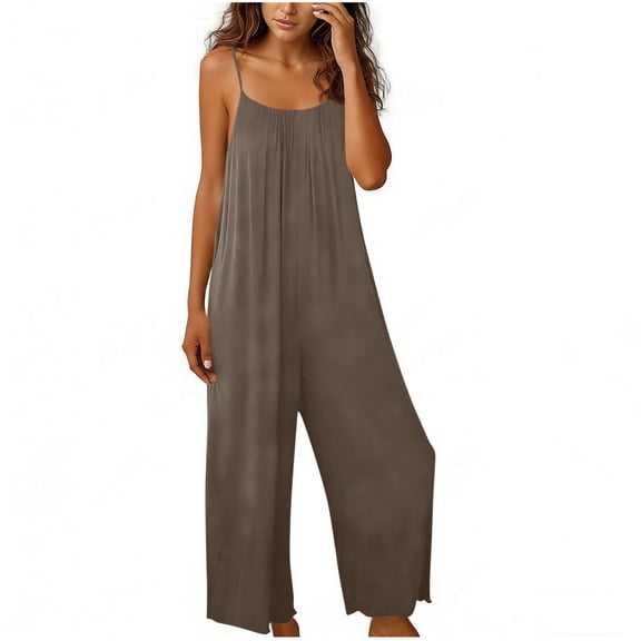 Alkepwun Womens Overalls Cotton Linen Backless Adjustable Spaghetti Strap Jumpsuit Summer Casual Breathable Comfy Loose Wide Leg Romper