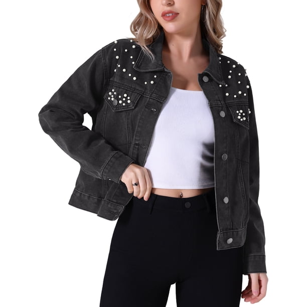 Chaqueta de mezclilla de manga larga con botones y perlas para mujer Inspire Chic, color negro, primavera