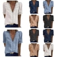 thumbnail image 2 of XVREFD Camisetas de encaje con cuello en V de manga corta para mujer, blusas elegantes tipo túnica, blusas holgadas de verano informales de encaje de algodón Jacquard, 2 of 5