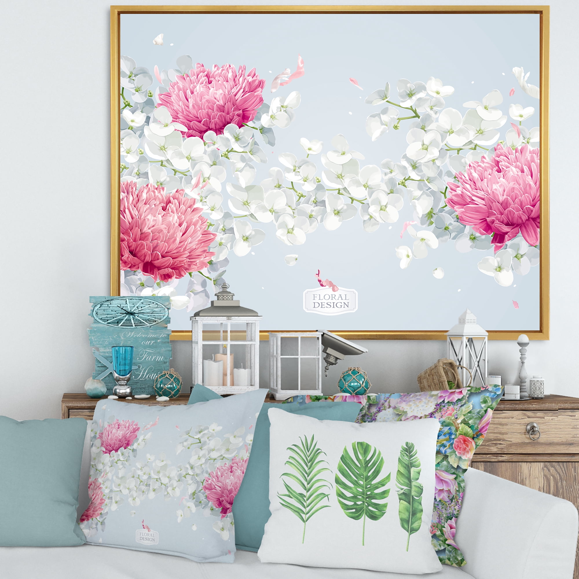Designart 'Apple Blossom and Chrysanthemums' Traditional Framed Canvas Wall Art Print