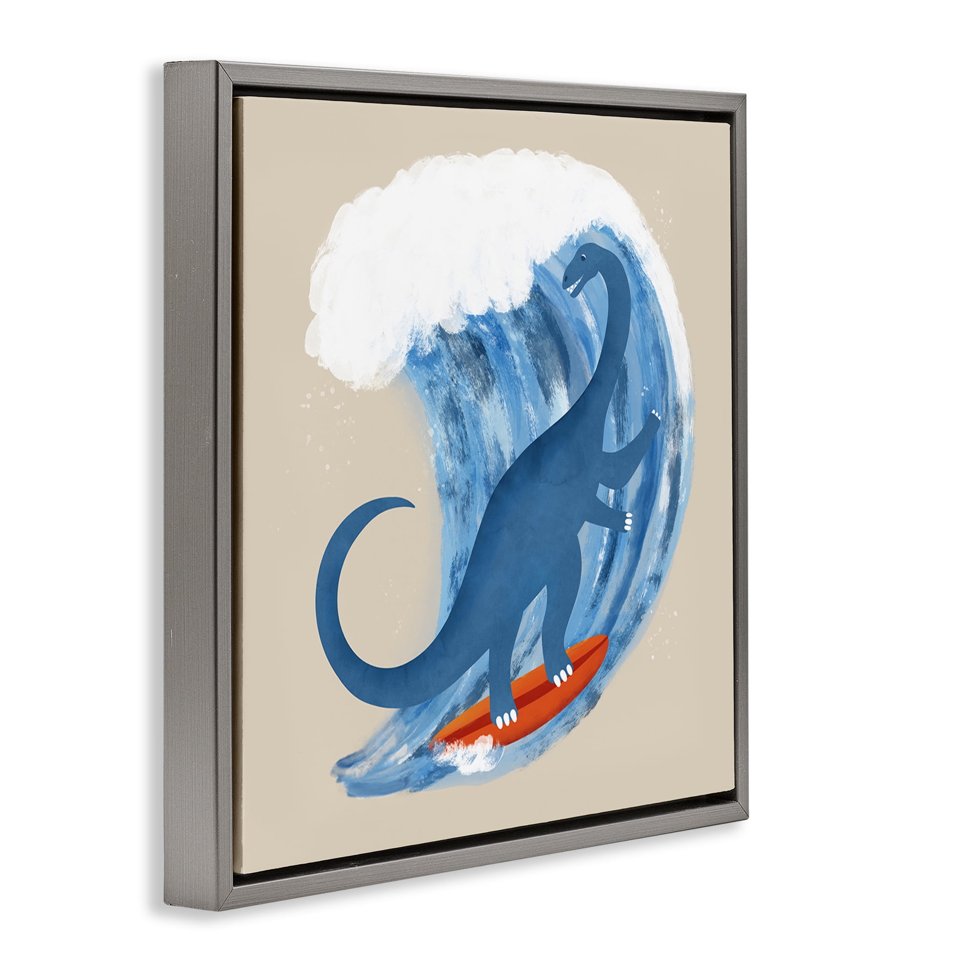 Stupell Industries Surfing Dino Brontosaurus Novelty & Humor Painting Gray Floater Framed Canvas Art Print Wall Art, 25 x 25