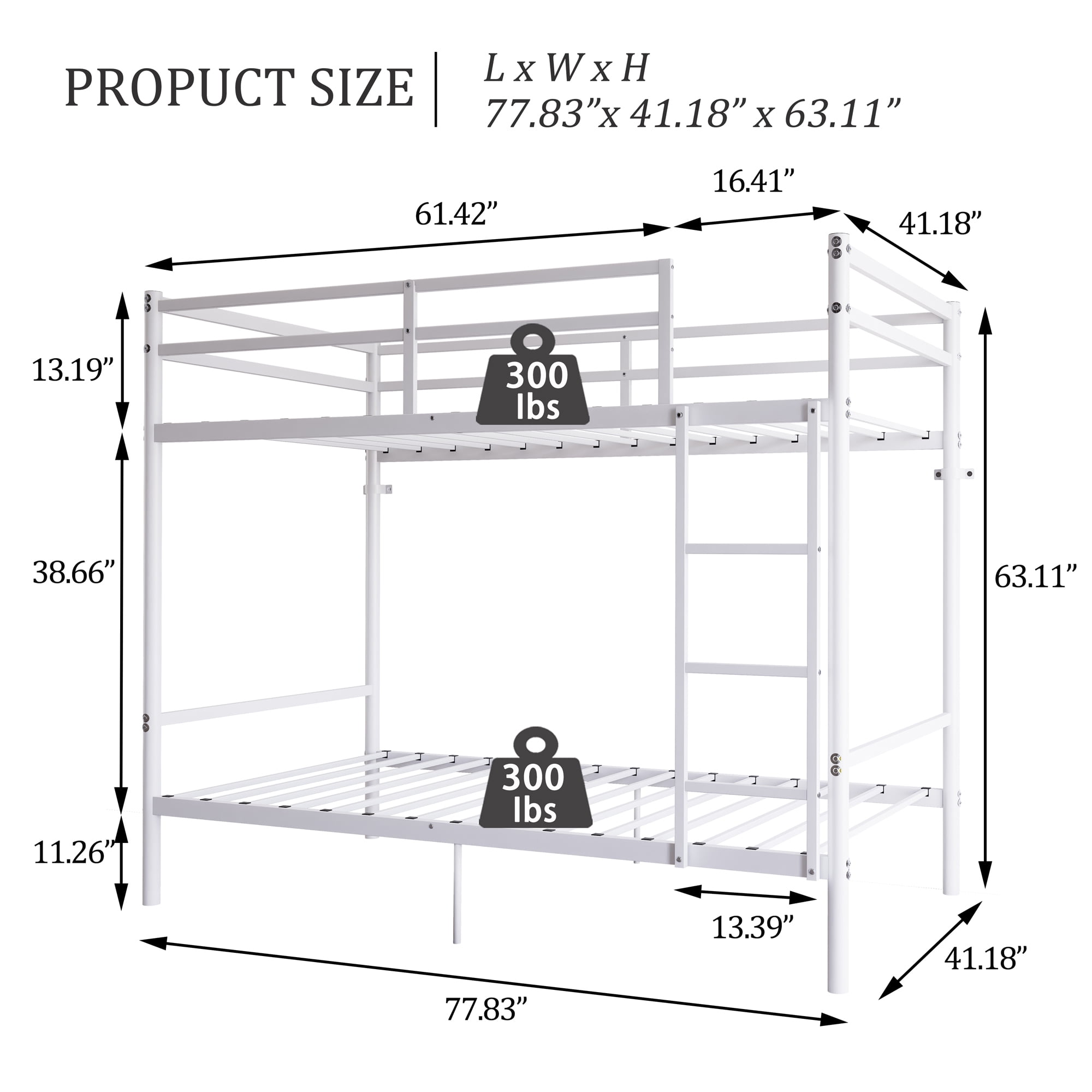 Leumius Twin Over Twin Metal Bunk Bed,Heavy Duty Bed Frame with Ladder and Guardrail for Bedroom, Dorm, Easy Assembly,Space-Saving,White