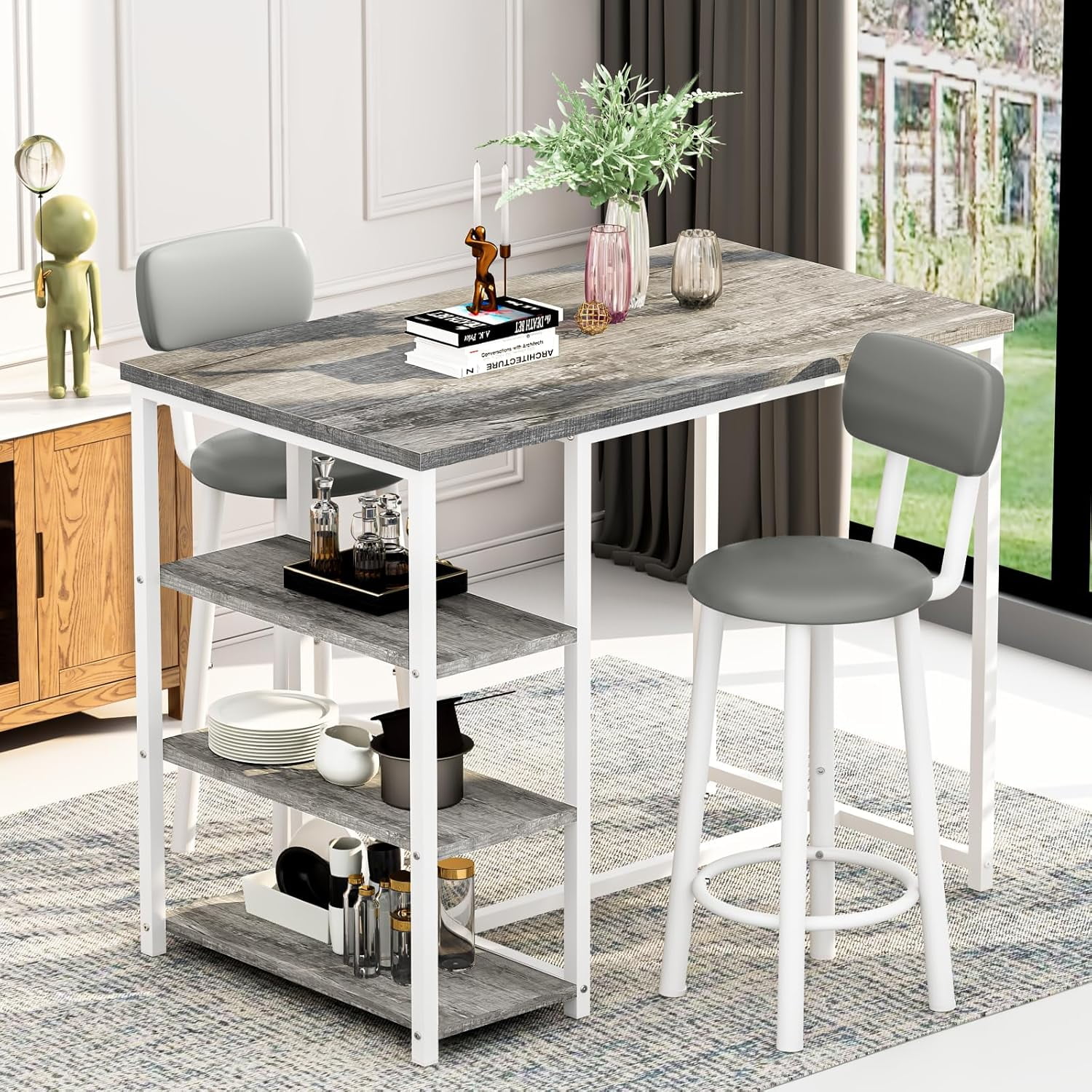 LinkRomat Dining Table Set for 2,3 Piece Pub Table and Chairs Set with Storage Shelves, Small Space Bistro Kitchen & Bar Tables, Counter Height Dining Set, Gray
