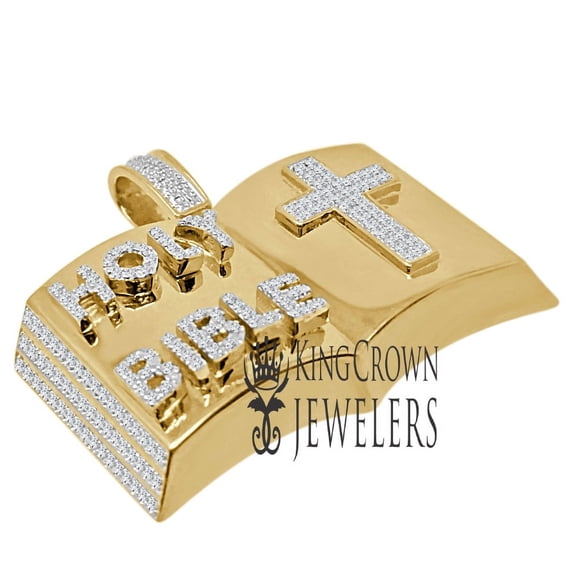 Real Genuine Diamond 10K Yellow Gold Finish Holy Bible Book Pendant Cross Charm