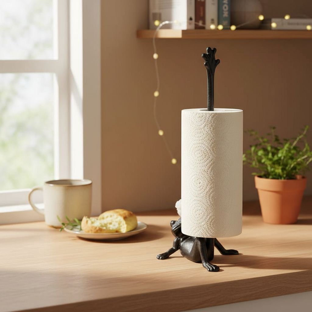 TAVENE Frog Paper Towel Holder 16.5'' Cast Iron Paper Towel Holder Funny Toilet Paper Holder for The Floor or Counter in The Kitchen or Bathroom Bronze Rustic,Frog