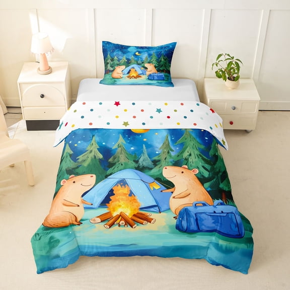 Erosebridal Cartoon Capybara Camping Twin Bedding For Kids,Kawaii Animal Adventure Theme Duvet Cover Set For Boys Girls,2pcs,No Comforter,Lightweight Room Decor