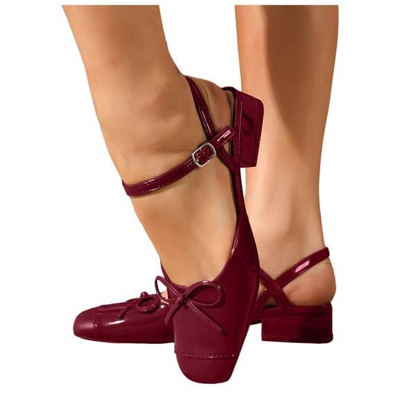 Dakaela Mary Jane Heels for Women Low Block Heel Closed Square Toe Pump Shoes Bowknot Slingback Work Office Dress Shoes (8,Wine)