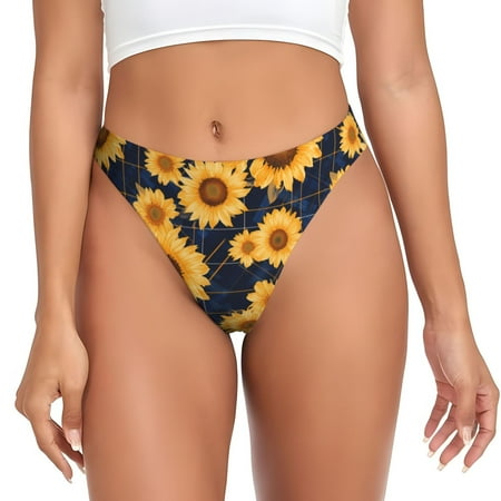 Zeuib Navy Blue Plaid Sunflower Print Seamless Women Underwear Thongs High Waisted No Show Ladies Panties Breathable Comfortable Brief Hi Rise Undies-4X-Large