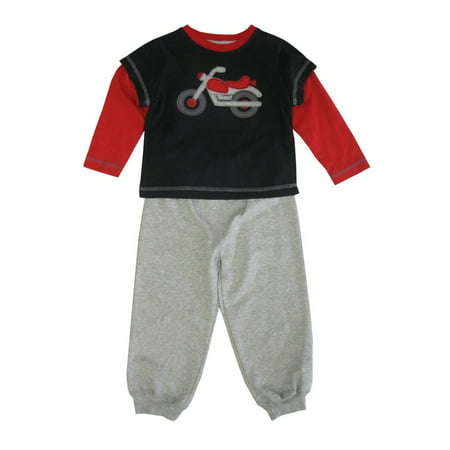Little Me Little Boys Grey Red Motorbike Detail 2 Pc Pant Outfit 2-4T