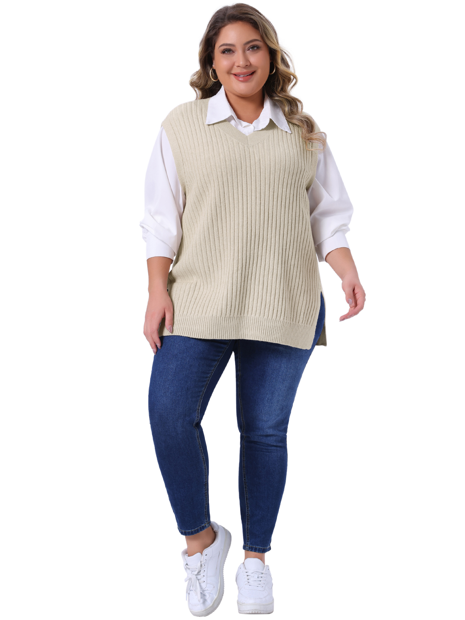 DARING DIVA Women's Plus V Neck Sleeveless Pullover Knit Split Hem Sweater Vest 4X Beige