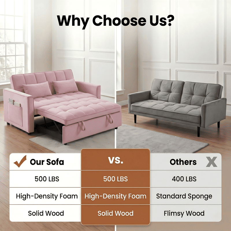 Gewnee 55" Sofa Bed, Convertible Sleeper Sofa & Pull Out Couch, 3-in-1 Velvet Loveseat with Adjustable Backrest and Storage Pocket, Pink