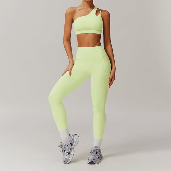 PISONIC Women Workout Set Single Shoulder Straps Sports Bras Leggings Set 2 Piece Gym Yoga Active Wear Outfit with Pockets