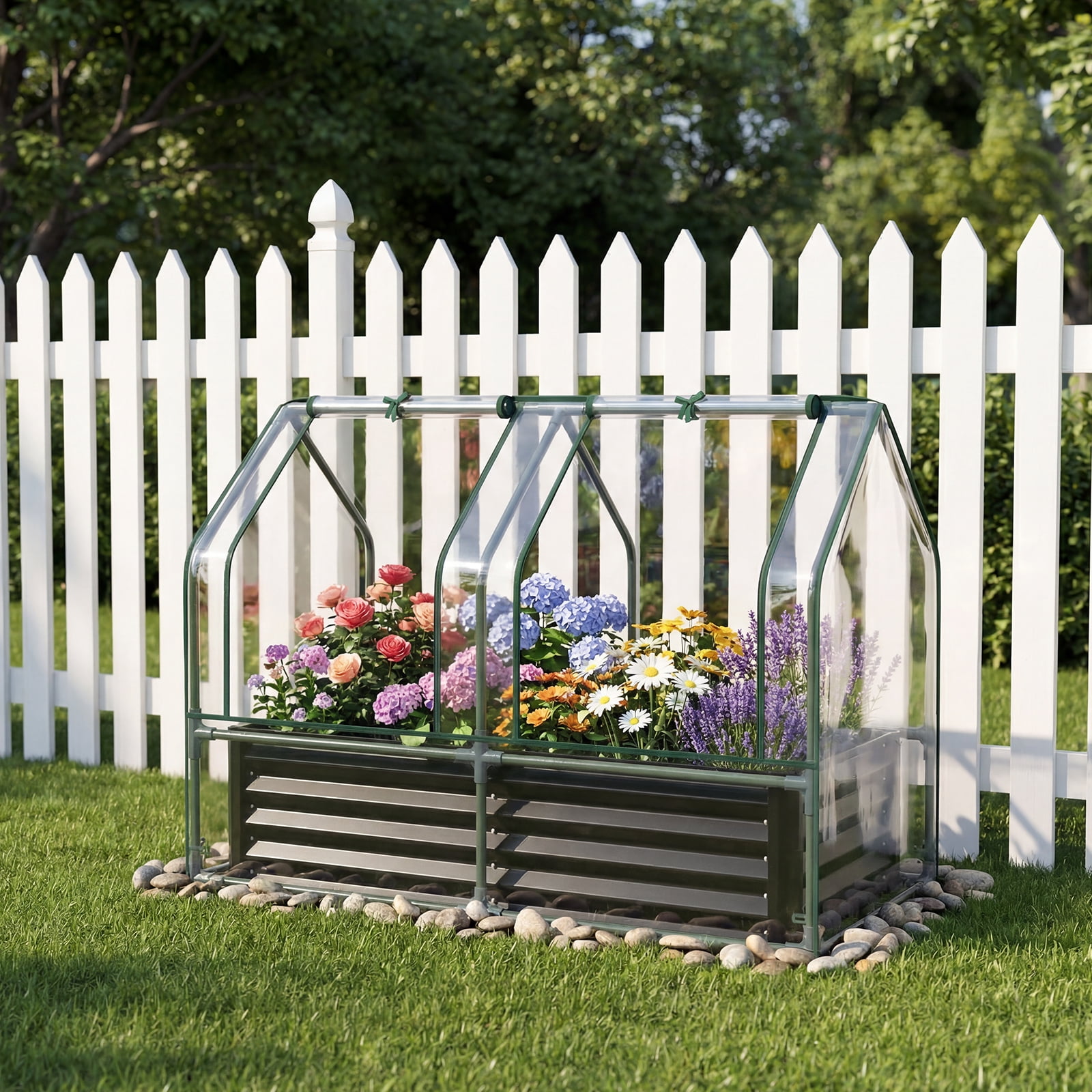 Gymax 4 x 2 x 3 FT Small Galvanized Raised Garden Bed w/Greenhouse Cover Windows Black & Transparent