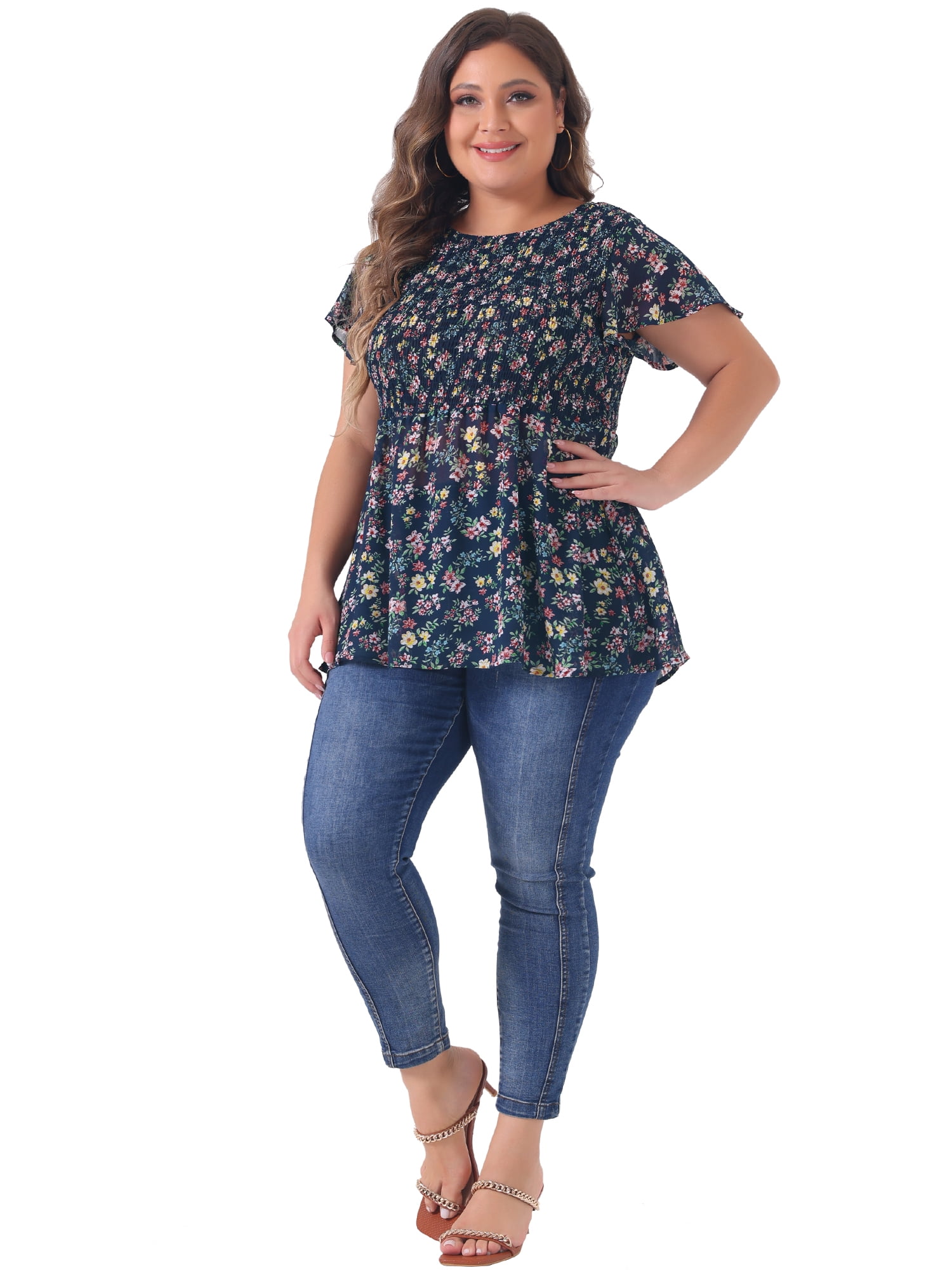 DARING DIVA Women's Plus Chiffon Flare Short Sleeves Floral Top 3X Navy Blue