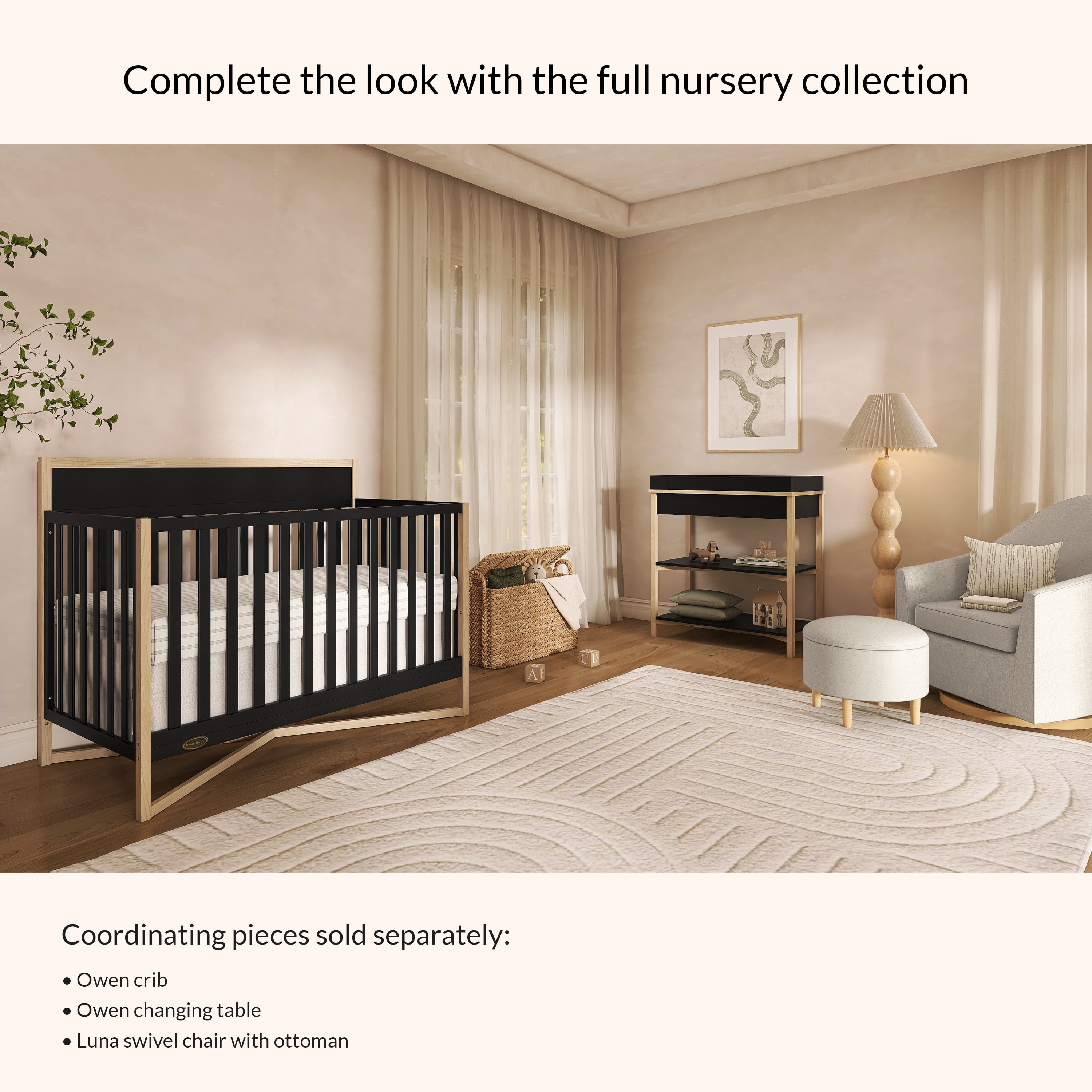Dream On Me Owen Changing Table in Matte Black Vintage Oak, JPMA Certified, with two bottom shelves for storage