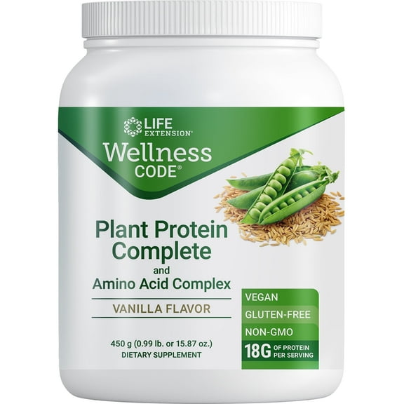 Life Extension Wellness Code® Plant Protein Complete & Amino Acid Complex (Vanilla), plant-based protein powder plus branched-chain amino acids, gluten-free, non-GMO, vegetarian, 450 grams