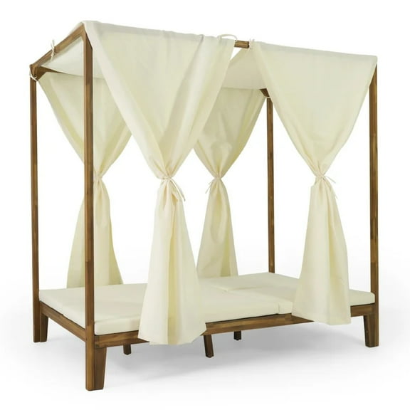 Yavi Outdoor Daybed, Brown Wood, Cream Waterproof Fabric, 79 Inch