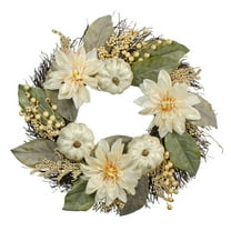Autumn Harvest White Dahlia Berry and Pumpkin Grapevine Wreath - 22-Inch Unlit