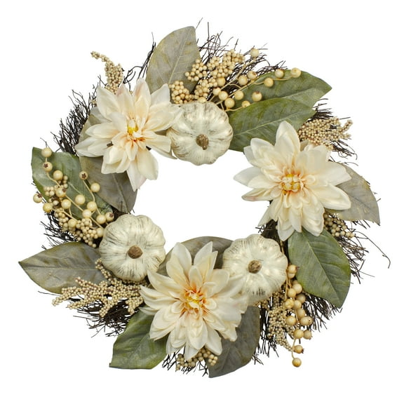 Autumn Harvest White Dahlia Berry and Pumpkin Grapevine Wreath - 22-Inch Unlit