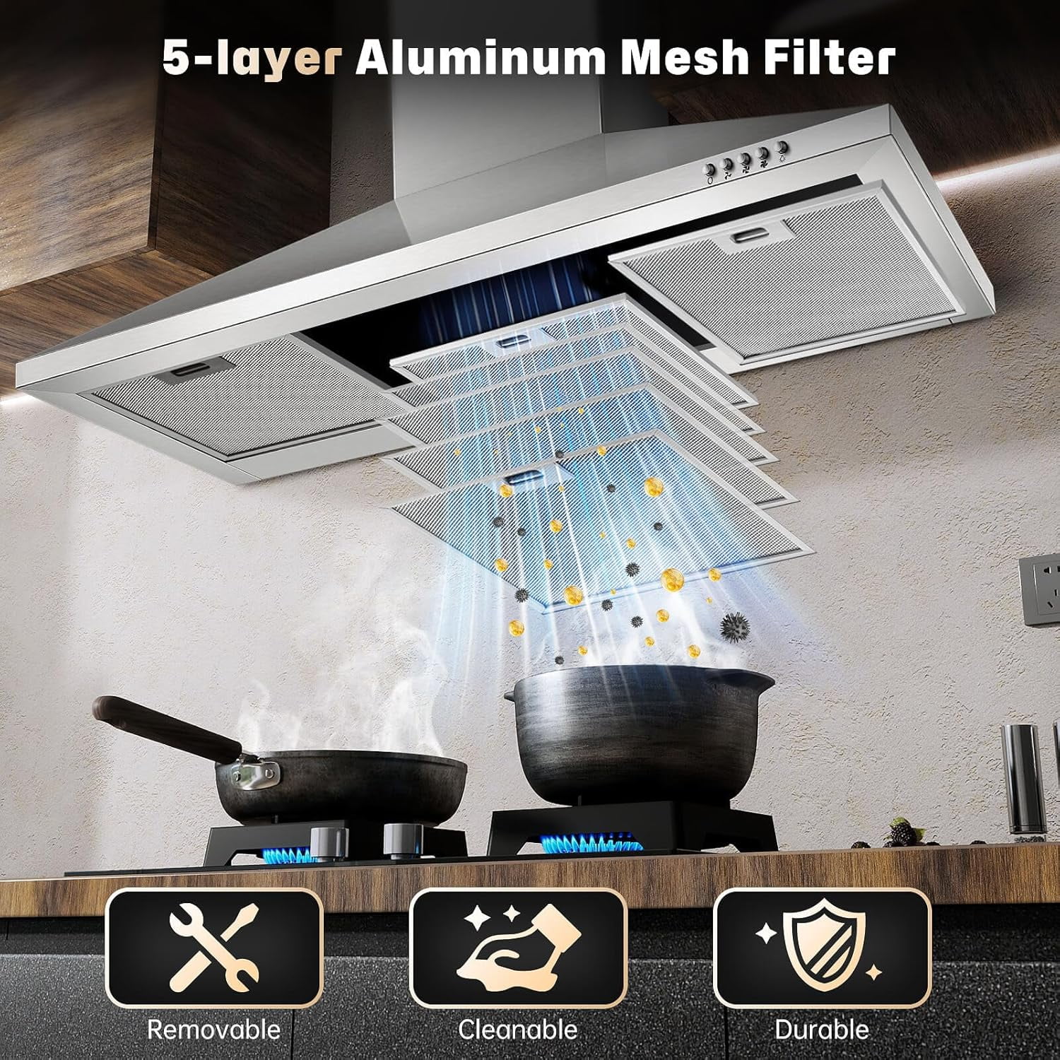 Joeaonz 36 Inch Ductless Range Hood in Stainless Steel with 450 CFM Wall Mount Ventilation