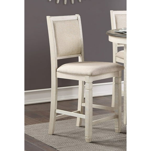 Newboti Furniture Antique White Finish Wooden Counter Height Chairs 2pcs Set Textured Fabric Upholstered Dining Chairs 03414