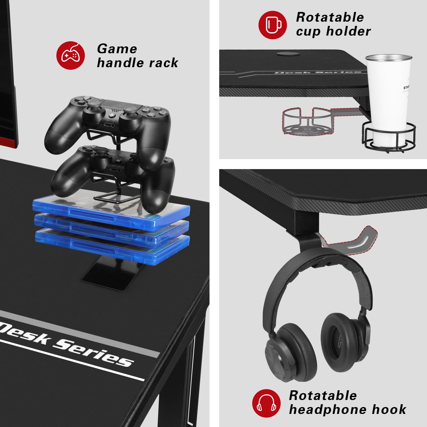 Walnew 55 inches Widen T-Shape Frame Gaming Computer Desk PC Gaming Desk Racing Style Carbon Fiber Surface Office Desk With Cup Holder and Headphone Hook (Black)