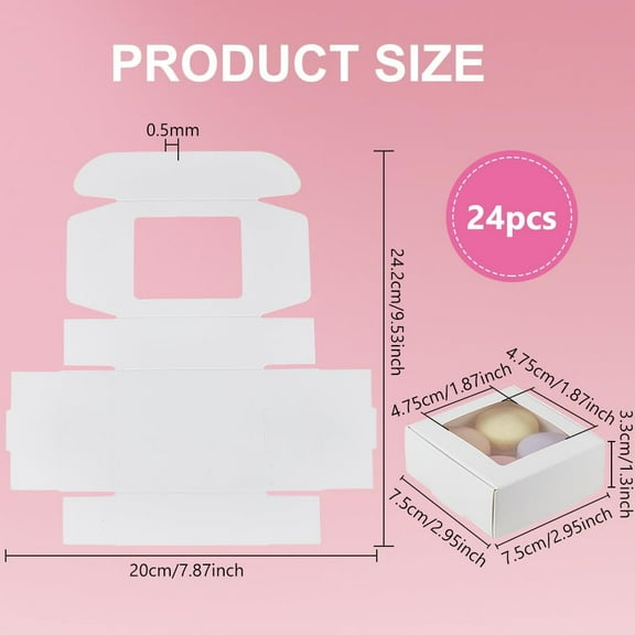 24 Pack White Kraft Paper Boxes with Clear Window 2.9x2.9x1.2inch Present Packaging Box