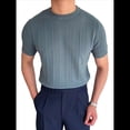 thumbnail image 2 of Camiseta Informal de Punto Acanalado de Corta con Cuello Redondo y Bajo Fino para Hombre, Color Liso Azul M, 2 of 10