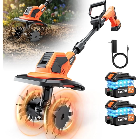 Fovendi 21V Cordless Tiller Cultivator, 360RPM Electric Garden Tiller, with 2 * 3.0Ah Batteries & Charger, 9In Tilling Width and 6.7In Depth Garden Rototiller for Lawn/Gardening/Soil Cultivation