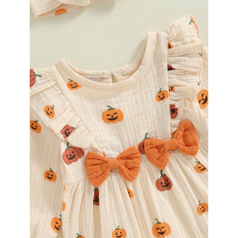My First Halloween Outfit For Baby Girl - Pumpkin Ruffle Romper, Pants & Headband Set, Newborn Infant Costume